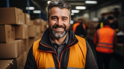Fototapeta premium delivery man in warehouse Delivery man holding parcel box looking at camera with work team behind