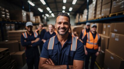 delivery man in warehouse Delivery man holding parcel box looking at camera with work team behind - obrazy, fototapety, plakaty