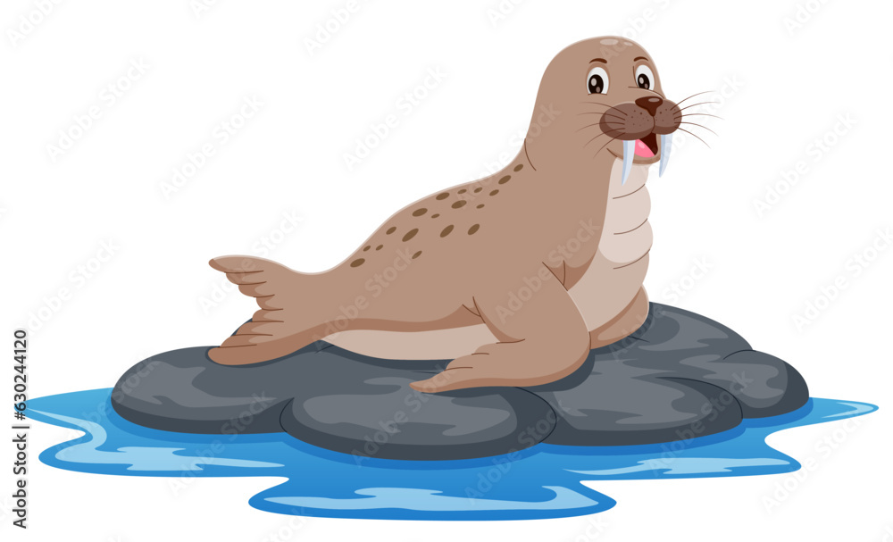 Wall mural cartoon walrus on the rock isolated on white backround. vector illustration