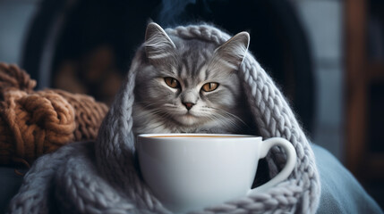 Comfy grey cat in covered with wool clothes drinking a hot beverage cup in cosy home , winter ambiance background - Powered by Adobe
