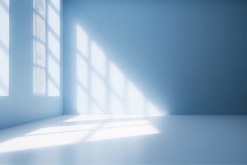 Light blue empty wall and smooth floor with interesting light glare. Background for the presentation, Generative AI