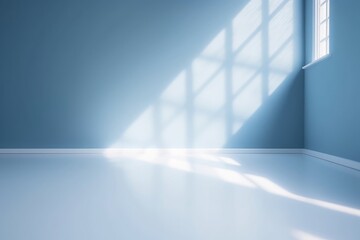 Light blue empty wall and smooth floor with interesting light glare. Background for the presentation, Generative AI