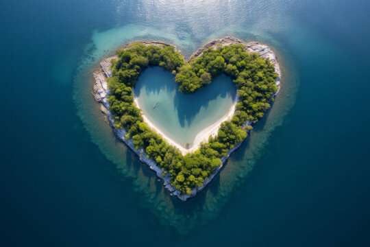 Aerial top down view image of an island in form of heart in middle of beautiful waters