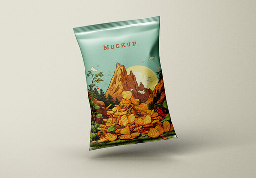 Floating Snack Bag Mockup &ndash; Matte Green Foil Packaging with Mountain Landscape and Golden Chips for Natural Food Branding