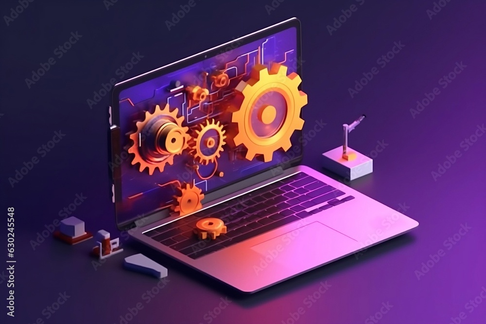 Wall mural system update concept with laptop computer and gear machine with 3d style graphic , generative ai