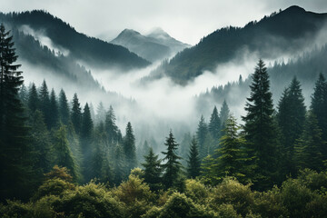 mountain forest, with towering trees and white clouds adorning the sky, a sense of blissful...
