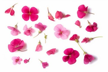 Set of pink flowers and geranium petals. Floral isolated design element, top view  flat lay.Set of pink flowers and geranium petals. Floral isolated design element, top view  flat lay, Generative AI