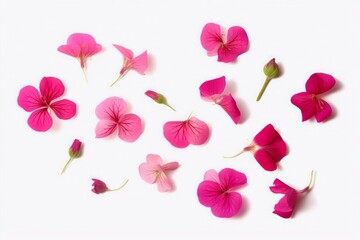 Fototapeta na wymiar Set of pink flowers and geranium petals. Floral isolated design element, top view flat lay.Set of pink flowers and geranium petals. Floral isolated design element, top view flat lay, Generative AI