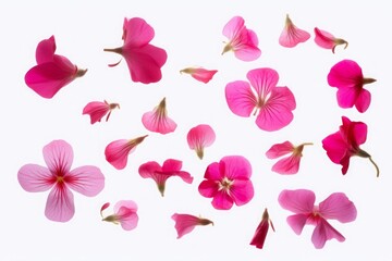 Naklejka premium Set of pink flowers and geranium petals. Floral isolated design element, top view flat lay.Set of pink flowers and geranium petals. Floral isolated design element, top view flat lay, Generative AI