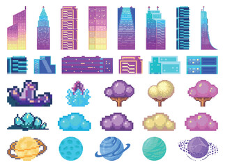 Neon buildings, street plants and planets, pixelated isolated elements of night city landscape. 8-bit pixel icon high building, bushes and trees in vector illustrations for game assets and web icons