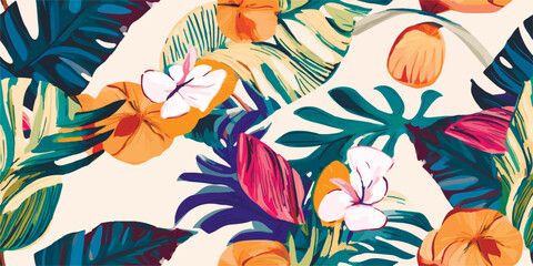Modern exotic jungle plants illustration pattern. Creative collage contemporary seamless pattern. Fashionable template for design