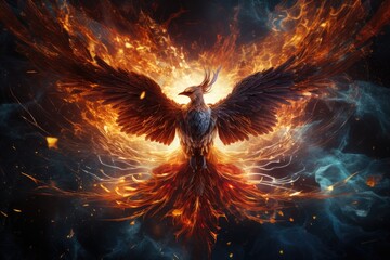 Phoenix is flying burning with fire. Birds. Mythical creatures. Generative AI