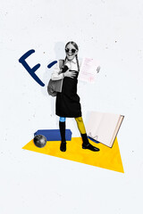 Vertical collage illustration stupid girl get low grade f mark failed final examination worst...