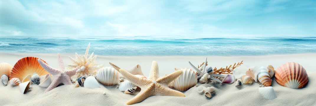 background with shells and starfish on the background of the ocean. Generative Ai. 