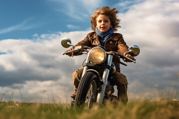 Boy wearing a brown leather coat riding a motorcycle across the meadows