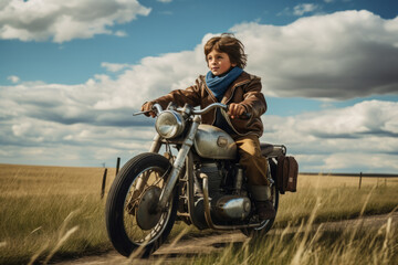 Boy wearing a brown leather coat riding a motorcycle across the meadows