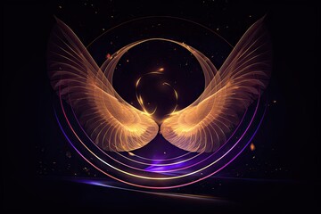 Abstract Art Design with Golden and Purple Swirl Feather Wing and Decorative Lighting on Beautiful Light Background