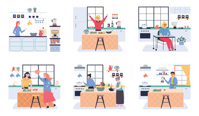 People cooking vegetarian food. Vector illustration. Chef cooks preparing food cook hands on the kitchen table. Set with people who cook and utensils. Food and cooking banner. Cooking vegatable