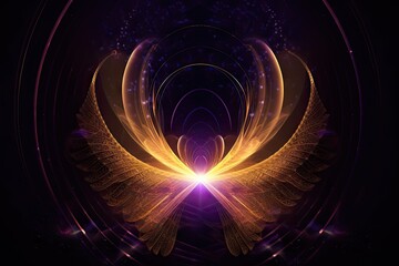 Abstract Art Design with Golden and Purple Swirl Feather Wing and Decorative Lighting on Beautiful Light Background