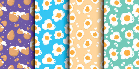 Set of Fried Eggs and Broken eggs seamless patterns.Breakfast background.Vector Seamless Fried Eggs Pattern or Wallpaper. - 630247719