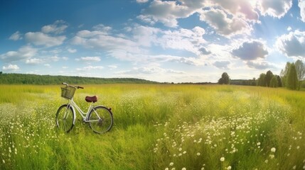 Fototapeta na wymiar Beautiful spring summer natural landscape with a bicycle on a flowering meadow against a blue sky with clouds on a bright sunny day, Generative AI