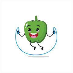 Cute and funny green paprika doing jumping rope. Vegetable doing fitness or sports exercises. Happy character working out vector illustration.