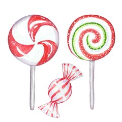 New Year's watercolor set with sweets. Caramel on a stick, Christmas sweets.