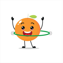 Cute and funny orange doing hula hoop. fruit doing fitness or sports exercises. Happy character working out vector illustration.