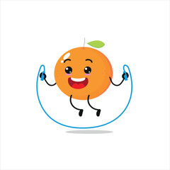 Cute and funny orange doing jumping rope. fruit doing fitness or sports exercises. Happy character working out vector illustration.