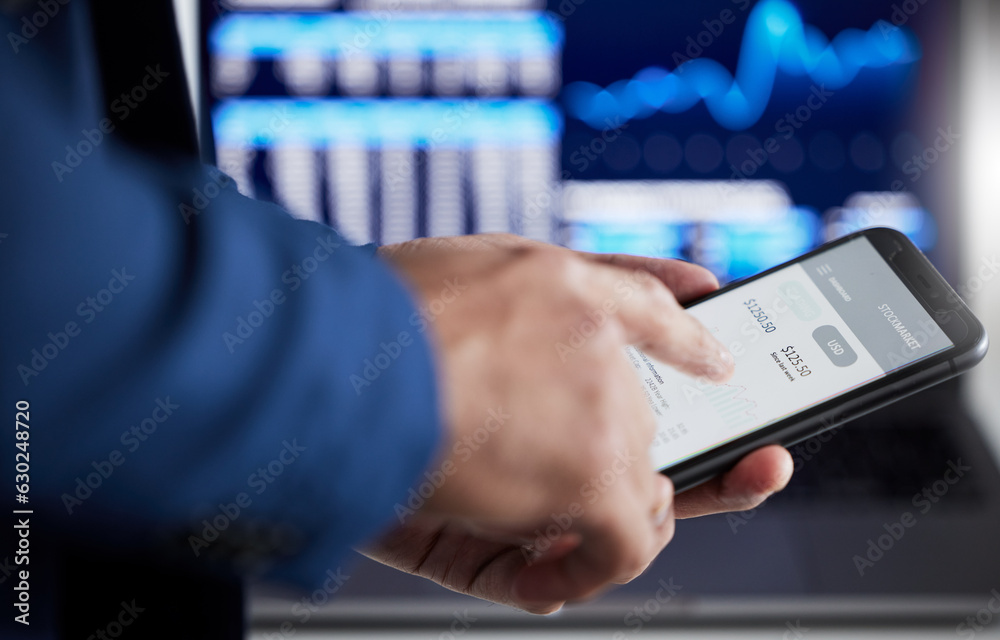 Poster Hands, phone data and stock market trader search dashboard, fintech app and cryptocurrency software. Closeup of business man, mobile finance and trading, banking investment and accounting of stocks