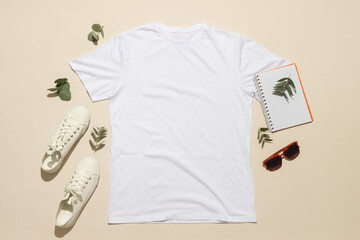 Flat lay of white t shirt, sneakers, notebook and sunglasses with copy space on cream background