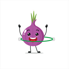 Cute and funny red onion doing hula hoop. Vegetable doing fitness or sports exercises. Happy character working out vector illustration.