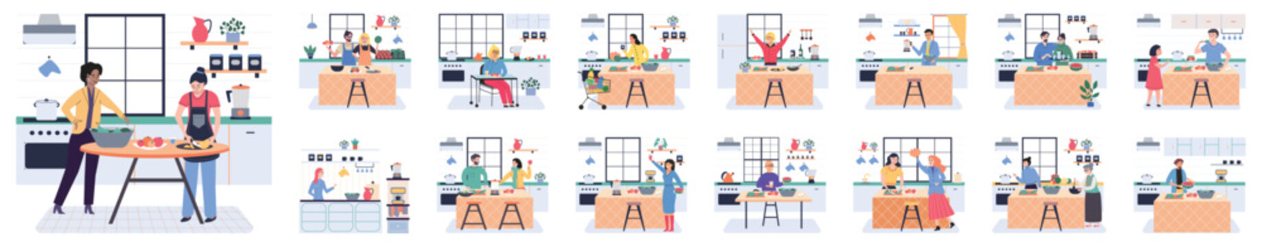People cooking vegetarian food. Vector illustration. Girl prepare dinner cutting vegetables for salad. People cook food at home. Smiling people cooking on home interior kitchen table