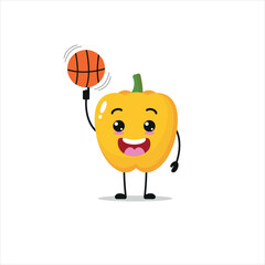 Cute and funny yellow paprika play basketball. Vegetable doing fitness or sports exercises. Happy character working out vector illustration.