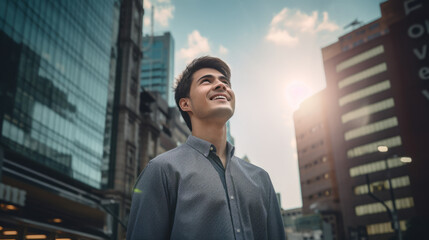 A happy young caucasian man looking up at the sky alone in a busy city, sun shining - obrazy, fototapety, plakaty