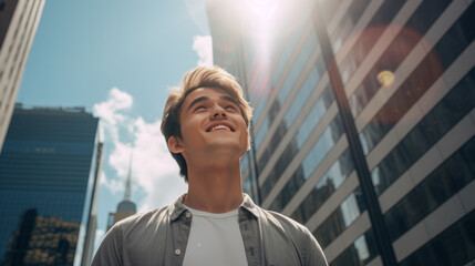 A happy young caucasian man looking up at the sky alone in a busy city, sun shining