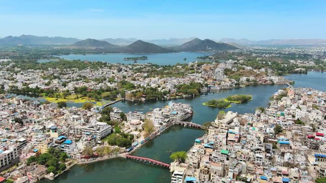 Udaipur, India:  Aerial view of city in Rajasthan and famous "City of Lakes" - landscape panorama of South Asia from above