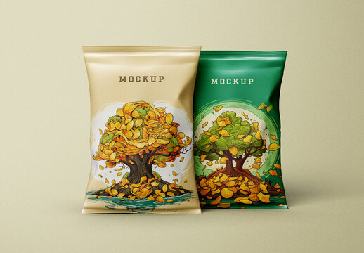 Dual Snack Packaging Mockup &ndash; Golden Coin Tree Illustration on Matte Foil Bags for Premium Eco-Friendly Food Products