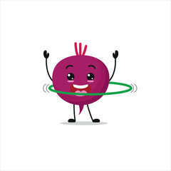 Cute and funny beet doing hula hoop. Vegetable doing fitness or sports exercises. Happy character working out vector illustration.