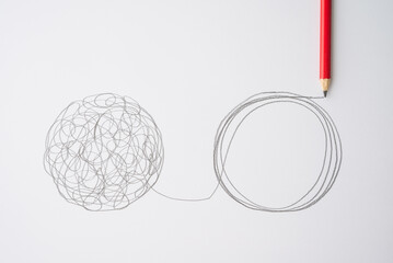 Flat lay of pencil hand drawing line chaos to order circle on paper background. Concept of abstract business management strategy, reorganize, problem solving solution, psychology mental health, logic. - obrazy, fototapety, plakaty