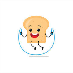 Cute and funny bread doing jumping rope. bakery doing fitness or sports exercises. Happy character working out vector illustration.