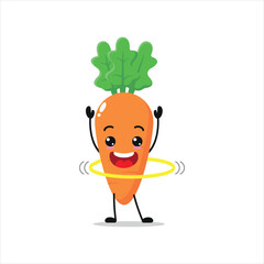 Cute and funny carrot doing hula hoop. Vegetable doing fitness or sports exercises. Happy character working out vector illustration.