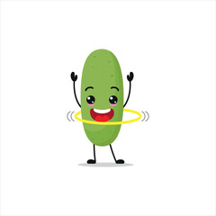 Cute and funny cucumber doing hula hoop. Vegetable doing fitness or sports exercises. Happy character working out vector illustration.