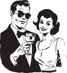 Hand-drawn Retro man and woman hold cocktail , Retro comics, American cartoon comic books and pulp novels black vector on a white background, illustration, vector, SVG
