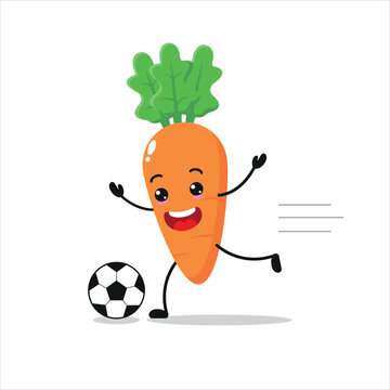 Cute and funny carrot play football. Vegetable doing fitness or sports exercises. Happy character soccer working out vector illustration.