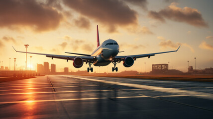 Fototapeta na wymiar Airplane taking off at airport with sunrise background. Ai generative.