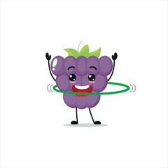 Cute and funny grape doing hula hoop. fruit doing fitness or sports exercises. Happy character working out vector illustration.