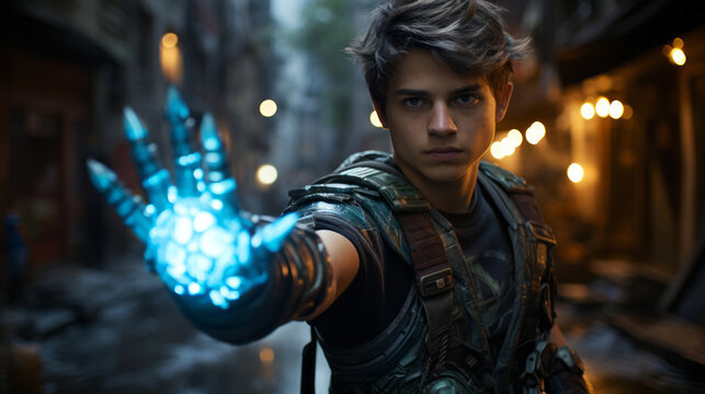 Handsome superhero man portrait with blue electric superpowers