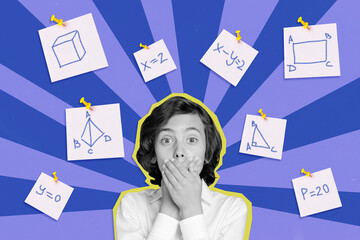 Creative composite photo collage of speechless astonished funny schoolboy solving mathematics...
