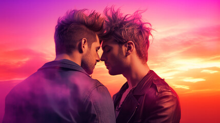 Two gay guys kissing facing each other on a synthwave colors sunset with hair blowing in the wind